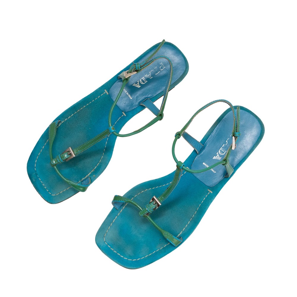 Prada Turquoise Blue Suede Green Leather T-Strap Flat Sandals Square Toe 38.5